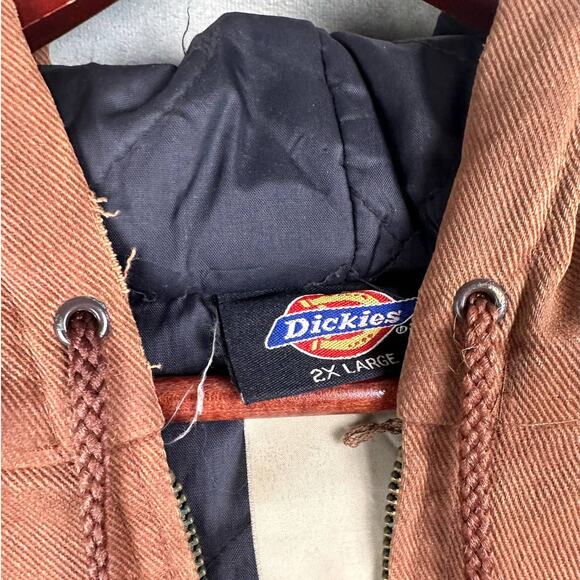 Vintage 90s Dickies Work Jacket Mens 2XL Hooded Quilted Lined Tan Brown Full Zip - Picture 9 of 9